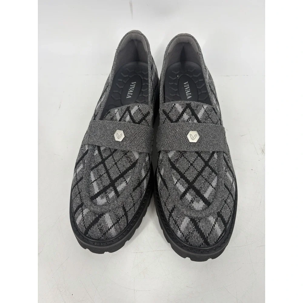 VIVAIA Francesca Grey Plaid Platform Chunky Heel Loafers Round Toe Knit 40.5 9.5
